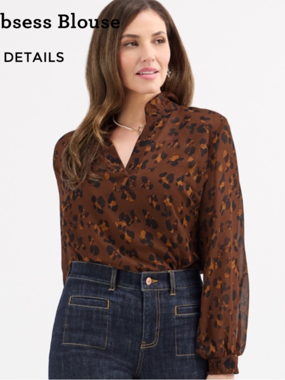 Cabi Gorgeous Semi Sheer Brown Animal Print Ruffle Neck Blouse Small - Picture 2 of 15